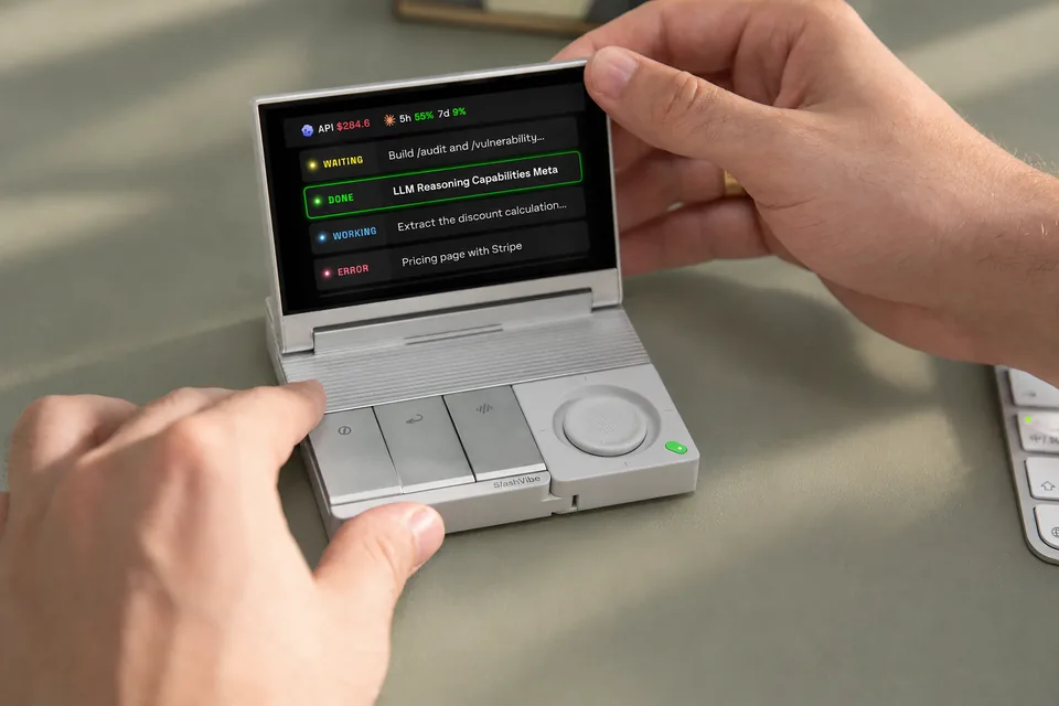 Hands on SlashVibe at a desk, its display showing agent progress at a glance