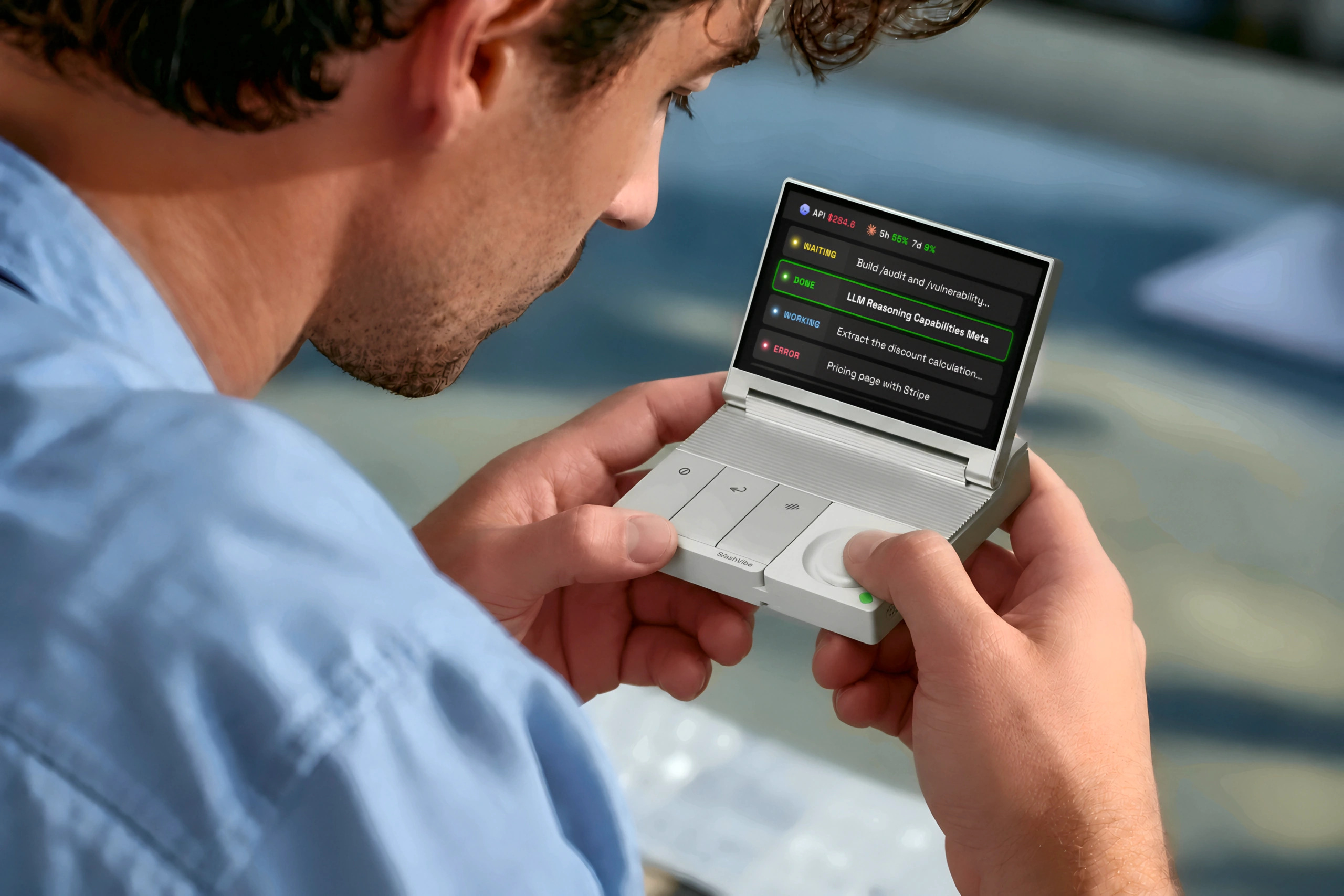 SlashVibe held in hand with its agent display open