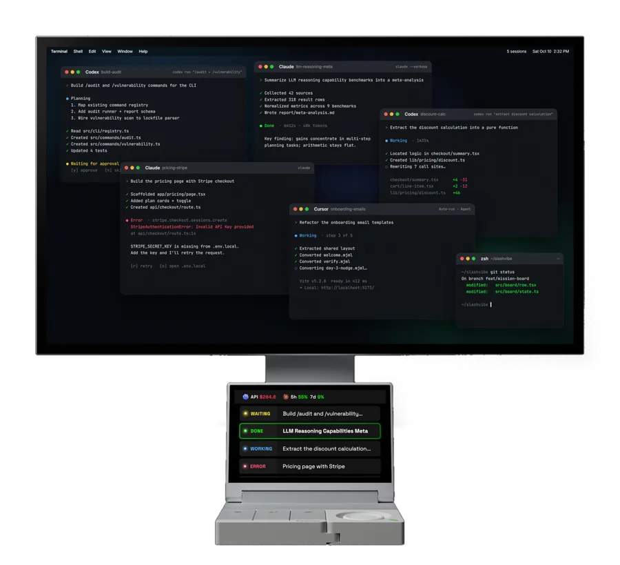 A large monitor full of AI agent sessions, with SlashVibe below it showing each session’s status