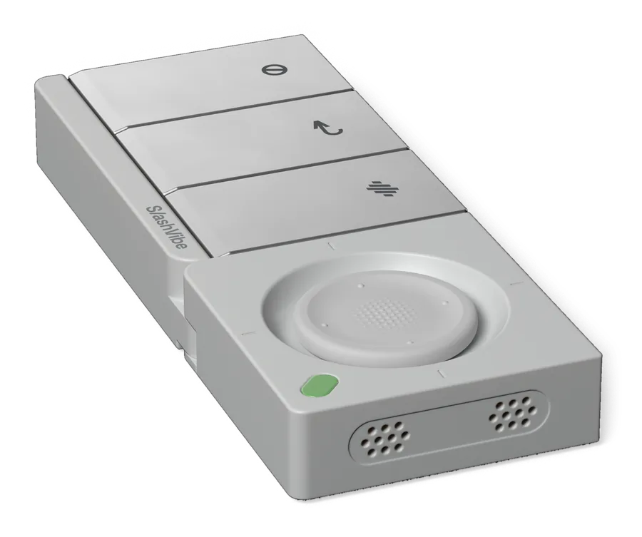 The SlashVibe handheld controller with its built-in microphones